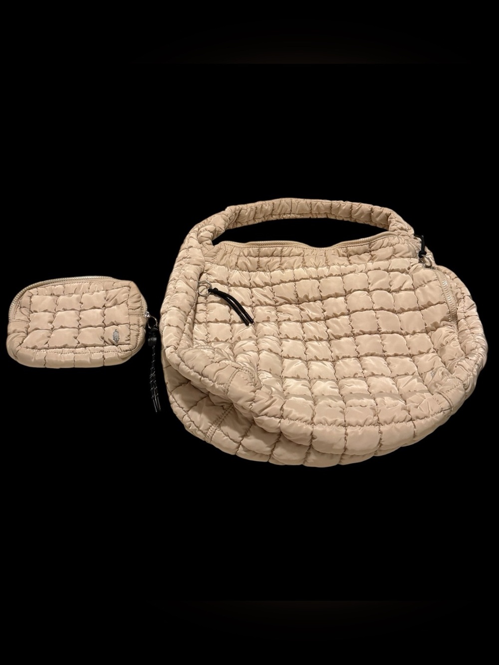 Free People Quilted Puffer Shoulder Bag Off White Beige Nylon w Matching Pouch